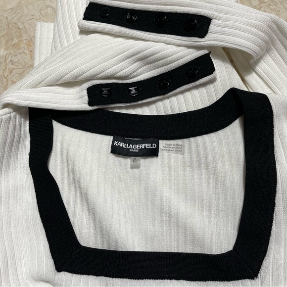 Karl Lagerfeld Sweater Wide Rib Square Neck Black Trim Button Sleeves Sz XL - Picture 6 of 6